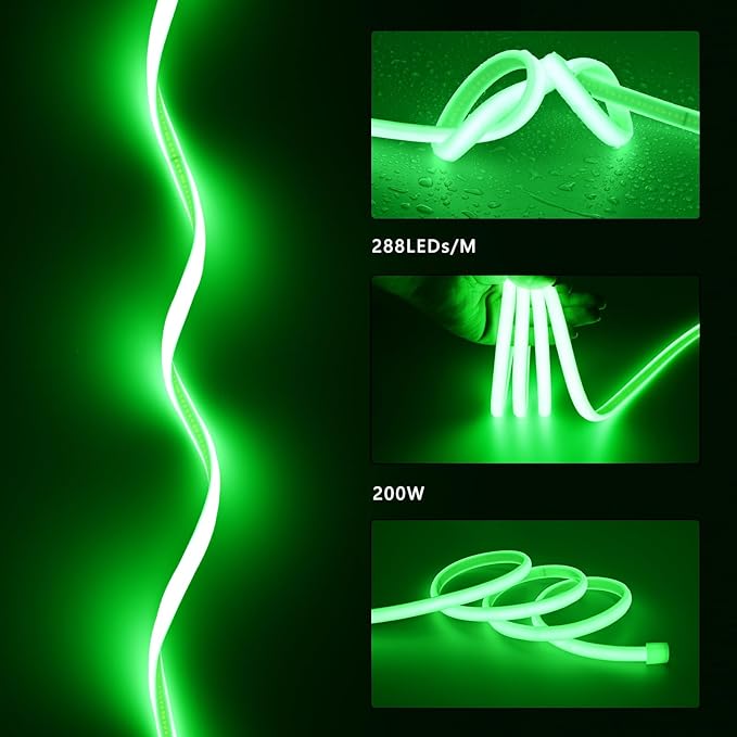BENLUN AC 110V COB LED Strip Lights Outdoor Waterproof 65.6ft, Green Super Bright 200W LED Rope Light, IP65 Flexible Cuttable, for Bedroom Garden Commercial House Gaming Room Decor