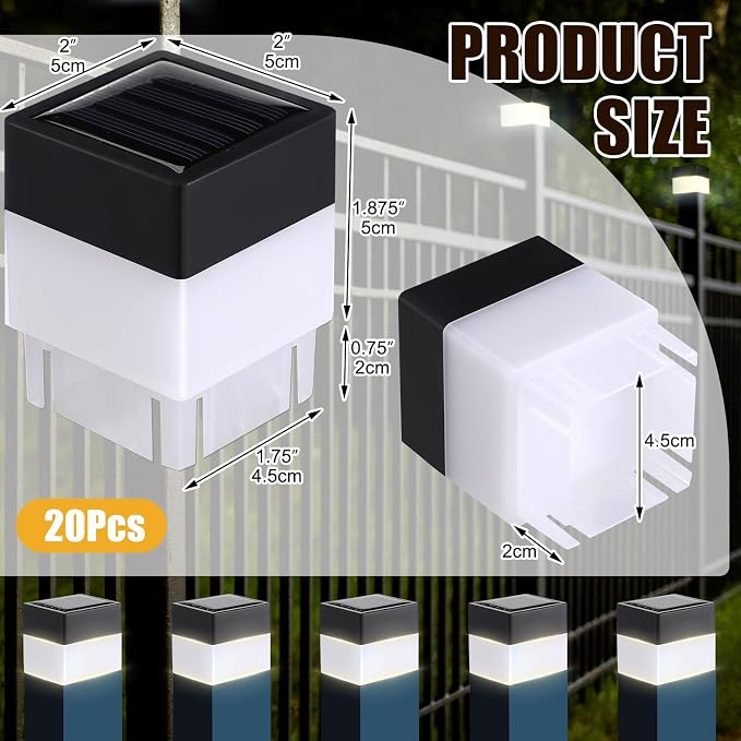 Tujoe Solar Post Cap Lights Fence Post Solar Lights 2in x 2in (5cm x 5cm)(Warm Yellow,20 Pack)
