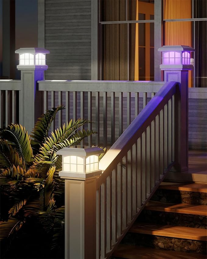 PARTPHONER RGBCW Solar Post Cap Lights 12-Pack, 9 Colors 3 Modes Fence Cap Lights, Bright Solar Outdoor Waterproof LED Deck Lighting for Fence Garden Deck Patio Porch Decor 4x4 Vinyl/Wood, White