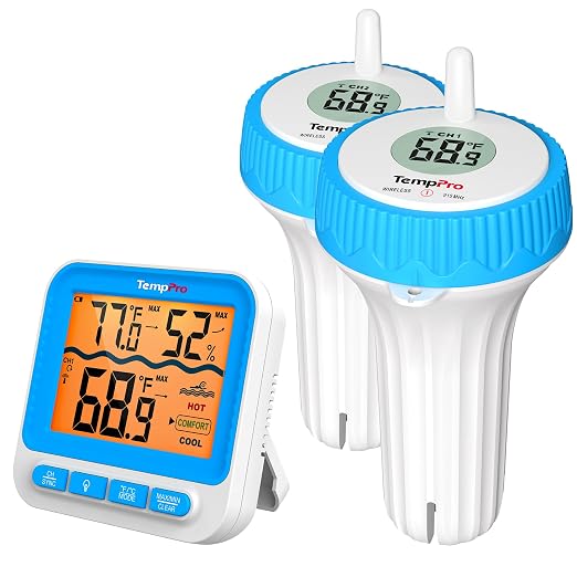 TempPro Waterproof Wireless Pool Thermometer Easy Read, Digital Pool Thermometer Floating for Swimming Pool, Hot Tub, Cold Plunge, Pond with 2 IPX8 Water Temperature Monitor (Previously ThermoPro)