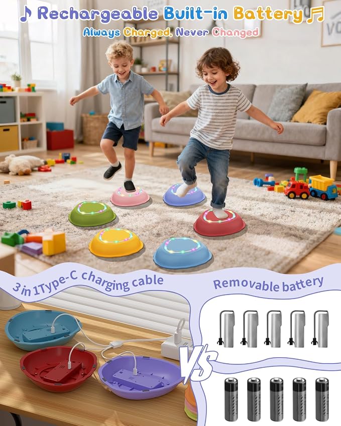 Rechargeable Stepping Stones for Kids, 6pcs Non-Slip Toddler Stepping Stones with Light&Music, Sensory Toys for Indoor and Outdoor Play, Gifts BalanceToys for Toddlers/Kids 3-5 Years Old