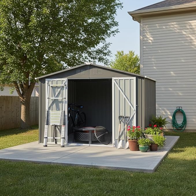 YOPTO 10x12 FT Sheds & Outdoor Storage,Metal Aluminum Garden Shed,with Punched Vents,Waterproof Cabinet w/Hinged Door and Padlock,Tool House for Storing Bicycles,Lawnmowers,Barbeques,Grey