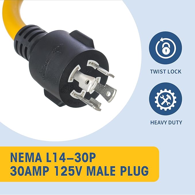 GOMEN 12 Inch 30 Amp to 110 Adapter, 4 Prong 30 Amp to 15 A Generator Adapter Cord with Twist Lock, 10 Gauge STW, NEMA L14-30P Male to 3X 5-15R Female with Lighted End, 1 FT