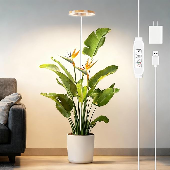SDOVUERC Full‑Spectrum Grow Lights for Indoor Plants – Adjustable Height Plant Lamp with Wood‑Grain Finish, 6/12/18H Timer, 3 Color Modes, Perfect Plant Lights for Indoor Growing.(Pack 1)