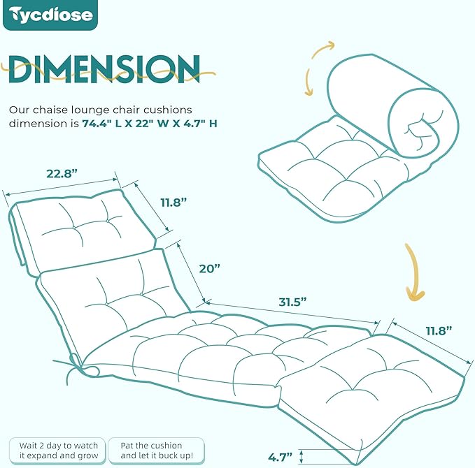 Outdoor Chaise Lounge Chair Cushion Waterproof 74.4 x 22 x 4.7 Inches Memory Foam Lounge Chair Cushions Replacement for Outdoor Furniture with Ties, Thickened Pool Lounge Chair Cushion, Teal