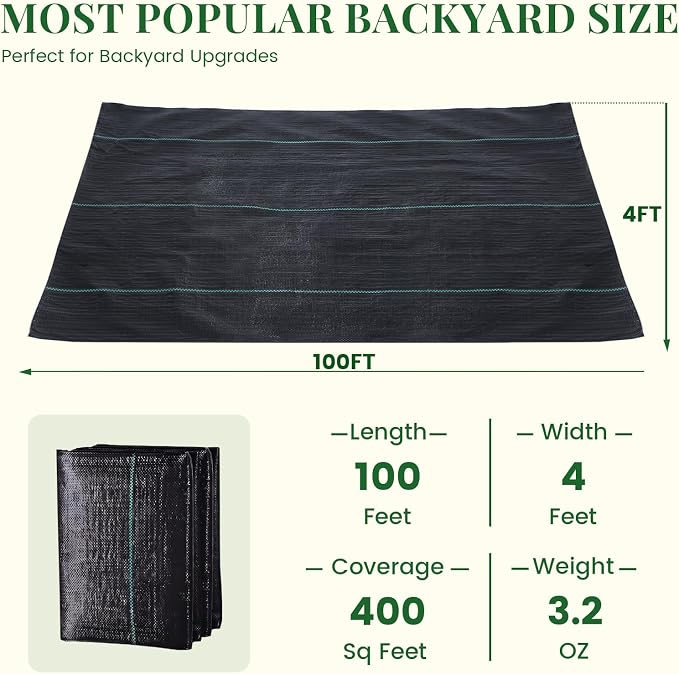 KING BIRD 4FTx100FT Weed Barrier Landscape Fabric, 3.2oz Heavy Duty Woven Ground Cover Geotextile Fabric for Flower Garden Bed, Driveway, Pathway, Gravel & Yard Weed Control Mat