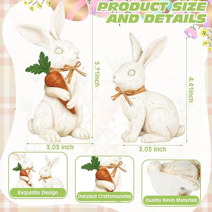 Simgoing 2 Pcs Easter Bunny Figurines Decorations Rabbit Resin Statues Easter Figure Statues Beige Rabbit Figurines Decorations for Holiday Vintage Farmhouse Home Table Centerpieces Ornament Gifts