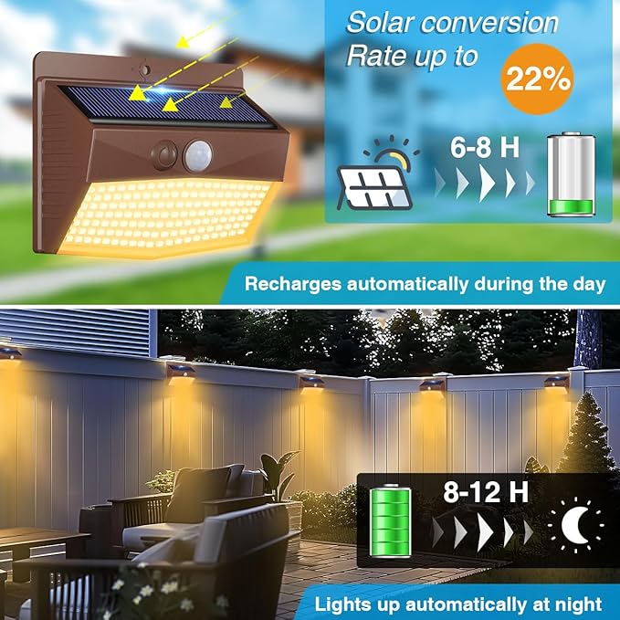 Peasur Solar Outdoor Lights, [2 Packs] Motion Sensor Security Lights with 3 Lighting Modes Wall Lights Waterproof Solar Powered Lights for Garden Yard, Brown Warm