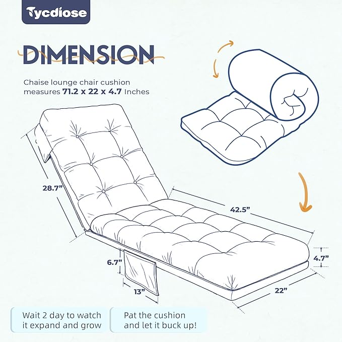 Outdoor Lounge Chair Cushion, Waterproof Chaise Lounge Cushions Replacement for Outdoor Furniture Thickened 71 x 22 x 4.7 Inches Non-Slip Patio Pool Lounge Chair Cushions with Ties (Blue)