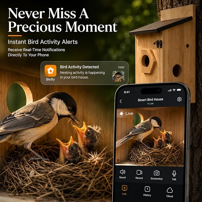 Smart Bird House with Camera - Solar Powered AI Bird Feeder with 4MP Color Night Vision, AI Species Recognition & IP66 Waterproof, Ideal Gift for Bird Lovers