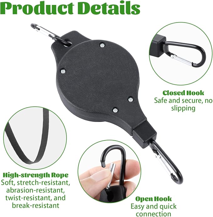 YAYODS 8 Pack Retractable Plant Hanger Heavy Duty Plant Pulleys for Hanging Plants, Adjustable Plant Hanger Pull Down Hook for Garden Baskets Pots,Birds Feeder and Grow Lights, Black