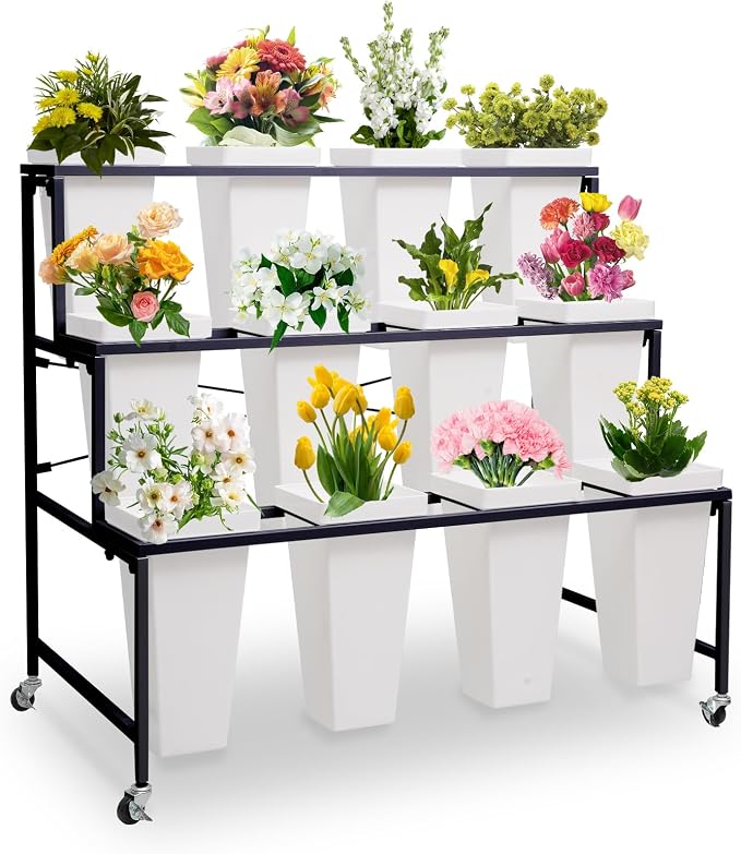 Flower Display Stands with Buckets, 3-Tier Rolling Plant Stand with Locking Wheels - Heavy Duty Metal Flower Cart for Indoor/Outdoor Use, Wedding Decor & Florist Displays (Holds 12 Pots) (Black)