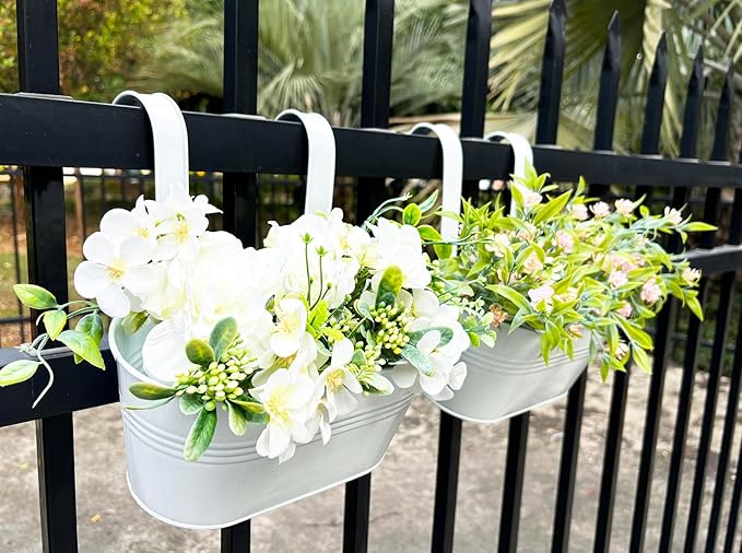 12" Balcony Railing Planters, Outdoor Hanging Planter for Fence, Stylish Metal Porch Deck Flower Pot for Herbs & Succulents (White, Pack of 4)