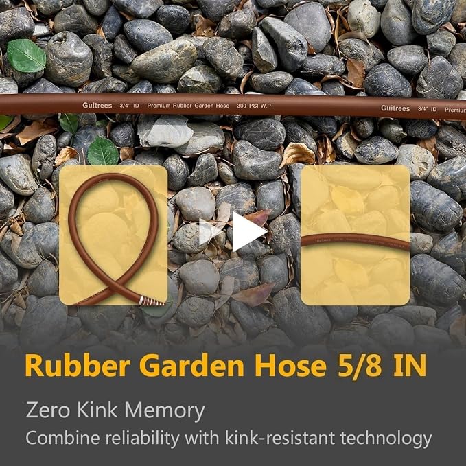 Guitrees Garden Hose 90FT x 5/8", Heavy Duty Rubber Hose, Water Hose with Five Layered Braiding, Male to Female Fittings, 1000PSI Burst, 300PSI Working (Brown)