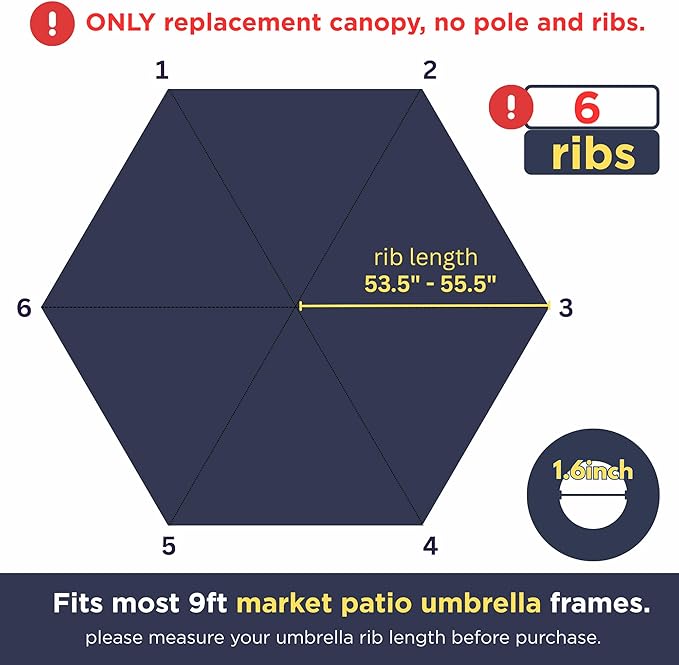 Sfmora 9ft Patio Umbrella Replacement Canopy for 6 Ribs, Outdoor Umbrella Canopy ONLY, Market Umbrella Top, Water-Resistant & UV-Protective