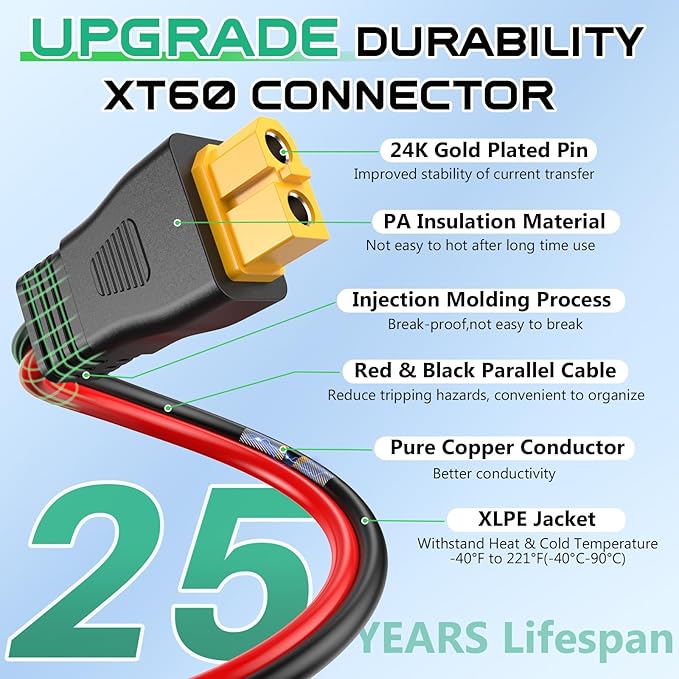 10AWG XT60 Solar Cable 20FT, Solar to XT60 Cable 3 10 15 25 30 40 50FT, Solar Panel Connector to XT60 Extension Cable, XT60 Charging Cable for Portable Power Station Generator