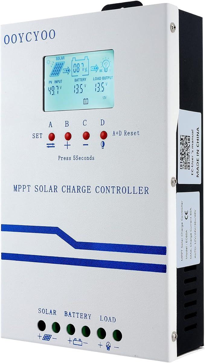 MPPT Solar Charge Controller 60 amp, 12V 24V 36V 48V Auto 60A Solar Panel Charge Regulator, Max 160V Input with LCD Display for Lead-Acid Sealed Gel AGM Flooded Lithium Battery…