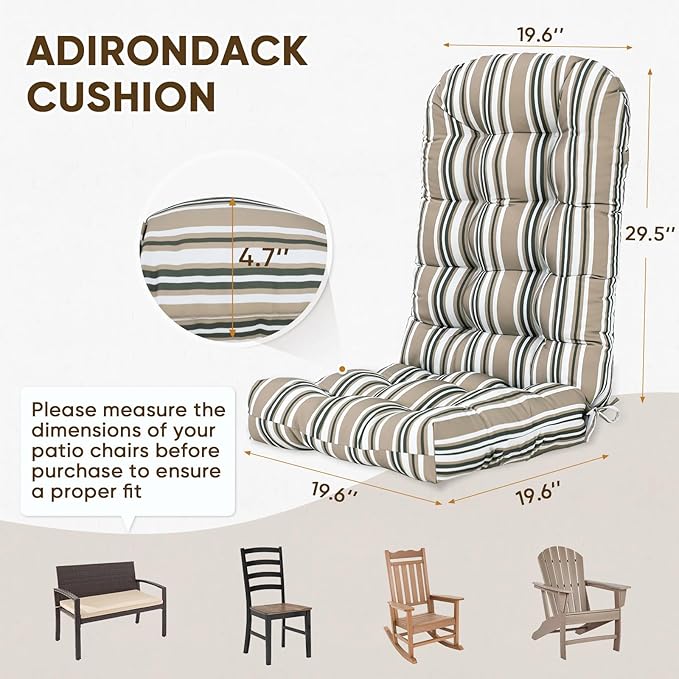 COOS BAY High Back Adirondack Chair Cushions for Outdoor Furniture, 49x20x5 in Water-Resistant Thick Tufted Patio Chair Cushions with Secure Straps, Set of 1, Beige Stripes