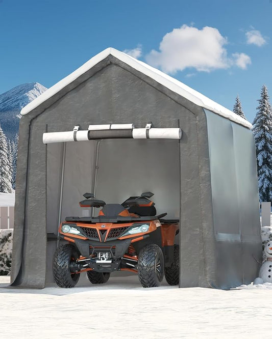 GarveeLife Portable Outdoor Storage Shed with Roll-Up Zipper Door & Vent, 240G Heavy-Duty Shelter Waterproof PE Tarp, UV-Resistant Carport for Motorcycle, Firewood, Tools (Gray, 10'x10')