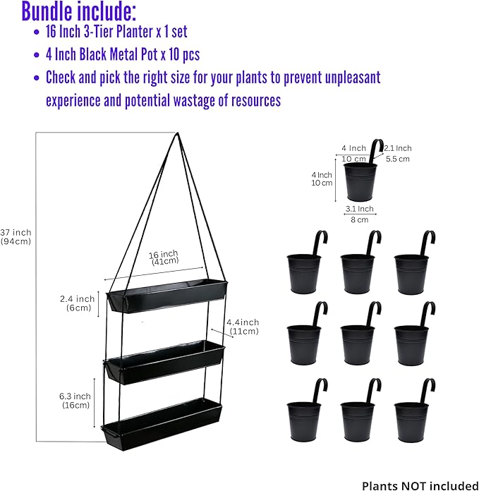 LaLaGreen Bundle- 1 Pack, 3-Tier Hanging Metal Planter + 10 Pack, 4 Inch Black Metal Pot Wall Mounted Modern Indoor Flower Herb Plant Holder Rail Deck Fence Balcony Outdoor Box Garden Home Patio Decor