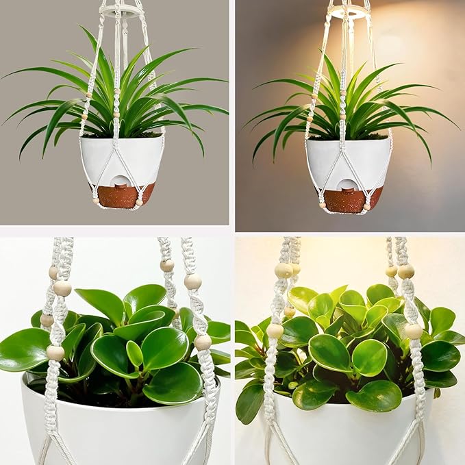 Hanging Planters for Indoor Plants: 2 Pack Macrame Plant Hangers with Grow Lights and Self-Watering Pots, Large Hanging Pots with Drainage Holes & Removable Tray（10in White Pot, GrowPro Spectrum）