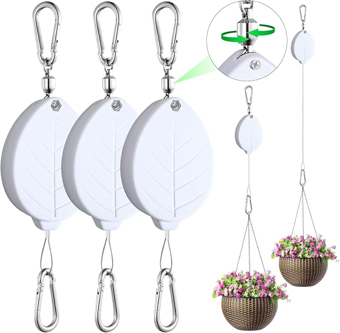 Heavy Duty Retractable Plant Hangers, Adjustable Pull-Down Pulleys with 63" Stainless Steel Rope, Double Hooks for Hanging Plants, Bird Feeders, Planters & Pots, Indoor & Outdoor Use (3Pcs- White)