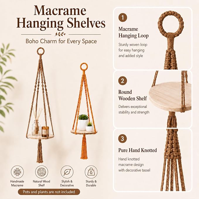 Artilady 2 Pack Macrame Hanging Planter with Wood Shelf, Boho Plant Hanger for Indoor Plants Basket Holder for Window Balcony Kitchen
