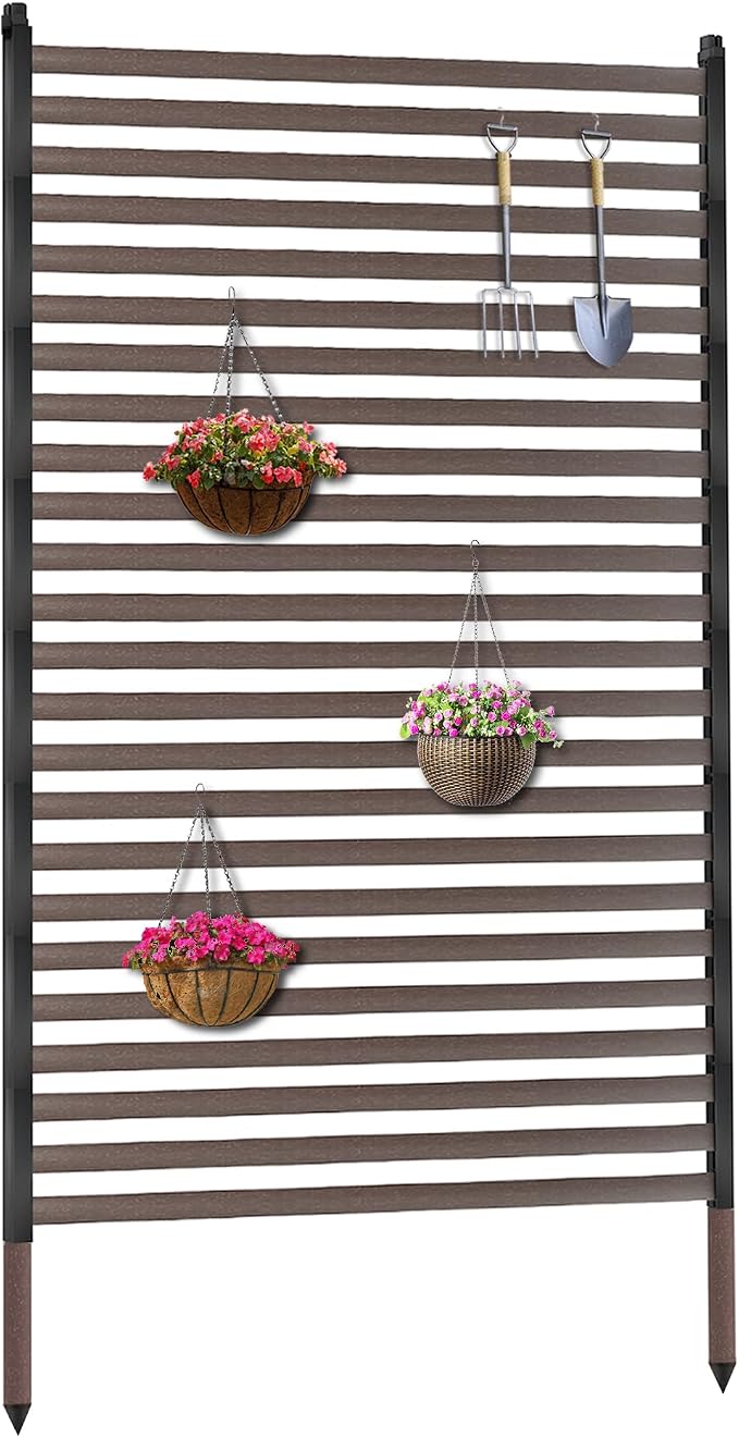 Twira Outdoor Privacy Screen 35" x 59", Privacy Fence Screen for Outside, Trash Can Metal Privacy Panels, 3FT x 5FT Decorative Pipes and Slats Divider Fence Privacy for Backyard Patio Garden Brown