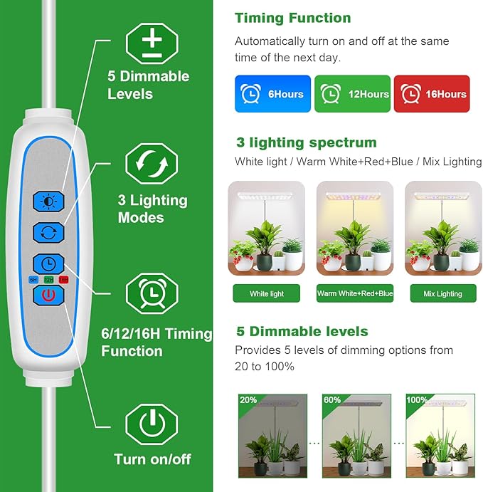Wiaxulay Plant Grow Light, 78 LEDs Grow Light for Indoor Plants Full Spectrum, Height Adjustable Desk Growing Lamp with Metal Base, Auto Timer 6/12/16Hrs, 3 Lighting Modes, 5 Dimmable Levels,2 Pack