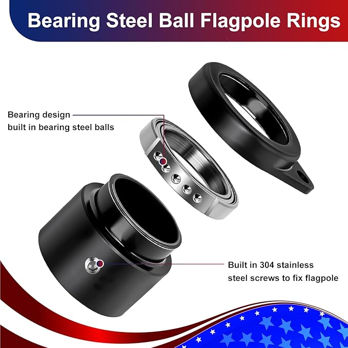 Bearing Steel Ball Flag Pole Rings, Tangle Free Aluminum Alloy Flag Pole Spinners, 360° Rotating Flagpole Rings with Carabiners, Fit Flagpole with 1-1.25inch Diameter, Flagpole Parts, 1.25 inch Black