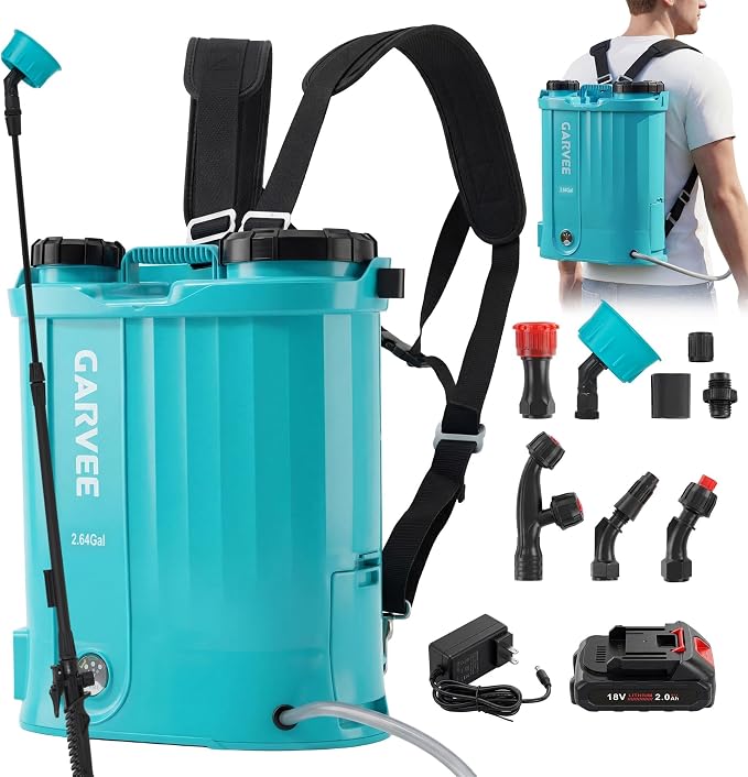 2.64 Gallon Battery Powered Backpack Sprayer, 0-65 PSI Adjustable Pressure, Electric Sprayer with 5 Nozzles and 1 Wands, 18V 2Ah Battery, Wide Mouth Lid for Weeding, Spraying