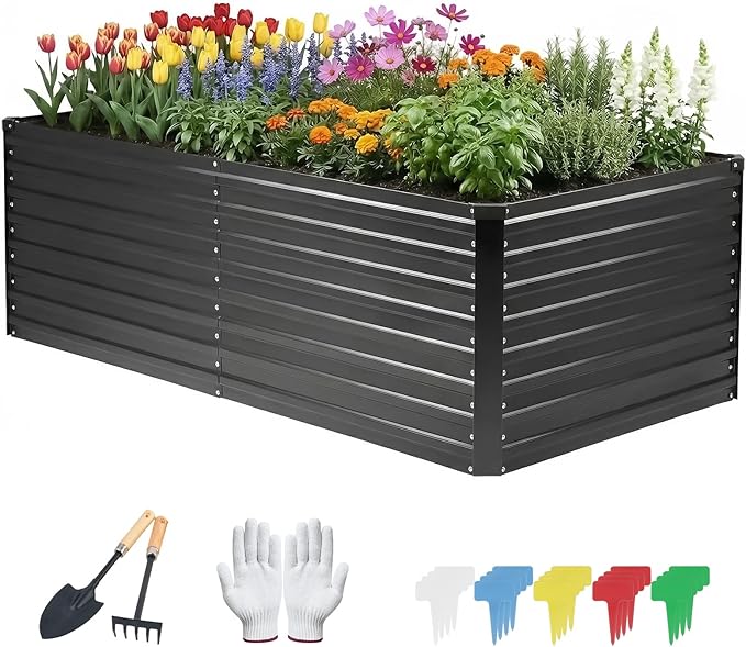 DTIG Galvanized Raised Garden Bed for Vegetables Flowers Herbs, Tall Metal Raised Garden Bed Kit with Garden Tools, Gloves, Plant Labels, Black 6×3×2FT