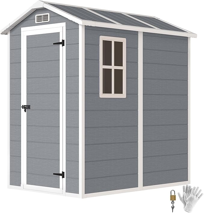 Outsunny 6' x 4' Outdoor Storage Shed, Waterproof Resin Plastic Shed with Floor, Window, Lockable Doors and Vents, All-Weather Garden Tool Shed for Backyard, Patio, Lawn, Gray