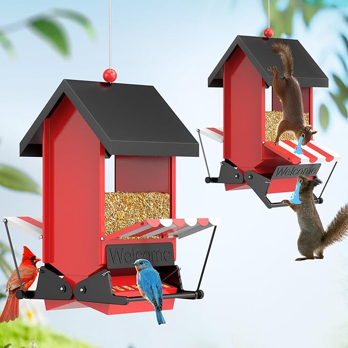 Squirrel Proof Bird Feeders,ScinDa Bird Feeders for Outdoors Hanging with Bilateral Weight-Activated Perches for Attracting Finch, Cardinal,Bluebird(Red)