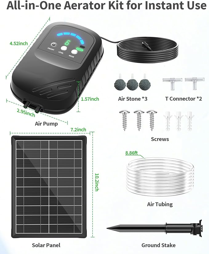 POPOSOAP 8W Solar Pond Aerator with Digital Display, Solar Air Pump 7/24H Oxygen Supply with Battery, 9 Adjustable Mode Oxygen Pump for Fish Pond, Koi Pond, Aquarium & Fishing Tank-P9375