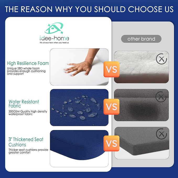 idee-home Outdoor Chair Cushions Set of 2, 19" x 19" x 3" Thick D-Shaped Patio Furniture Outdoor Seat Cushions Waterproof with Ties, Dining Pads