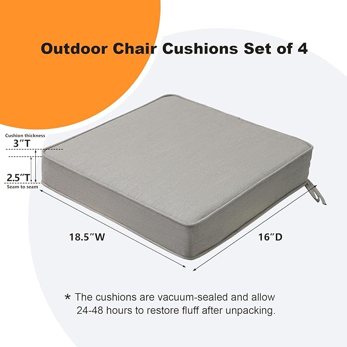 Unimatta Sunbrella Square Corner Seat Cushions, 18.5" x 16" x 3", Set of 4, Indoor Outdoor Water Repellent Universal Chair Pads with Ties for Patio Furniture, Garden Dining Chairs, Specrtum Pebble
