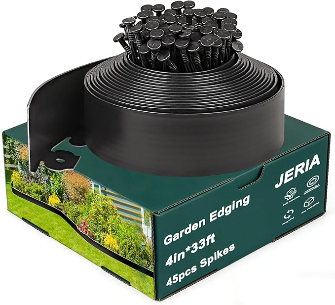 JERIA 4 Inch Tall 33 FT Garden Edging Kit with 45pcs Spikes, Plastic Edging for Landscaping