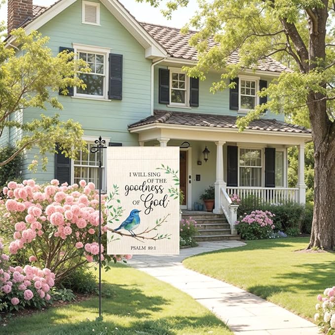 I Will Sing Of The Goodness Of God Garden Flag, Psalms 89:1 Garden Flag Double-Sided Yard Outdoor Decoration 12x18 Inch, Spring Christian Bluebird Outdoor Yard Banner Religious Lawn Decor