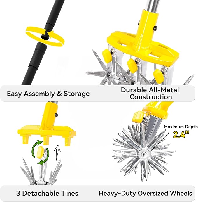 Rotary Cultivator Garden Tool with Extra-Large Tines, 74-Inch Long Handle Manual Tiller Cultivator, Heavy-Duty Rotary Hand Tiller for Soil Mixing, Reseeding Grass, Gardening, Lawn Care