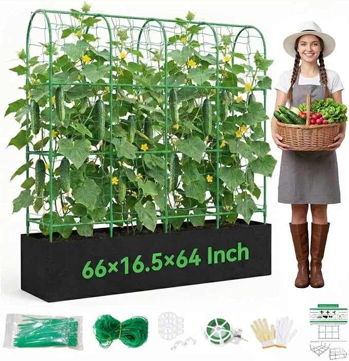 66"×64"×16.5" Cucumber Trellis with Grow Bag, Trellis for Climbing Plants Outdoor,U-Shape Reusable Metal Garden Arch Trellis with Net, for Fruit Flower Support for Pea, Grape Vine Type Plants
