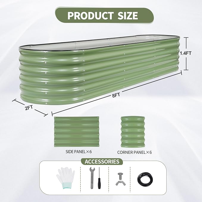 Galvanized Raised Garden Bed Outdoor- 2 Pcs Raised Beds for Gardening| Metal Planter Box, Steel Raised Garden Bed Kit with Gloves for Vegetables, Flower, Herbs (8x2x1.4FT, Green)
