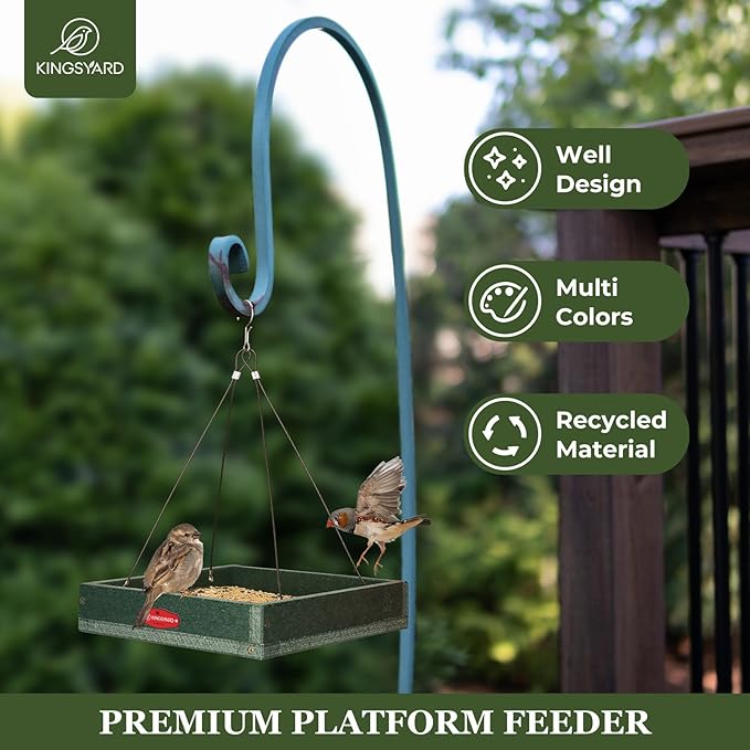 Kingsyard Platform Bird Feeder for Outdoors, Hanging Feeding Tray | Recycled Poly Lumber, Weatherproof, 11x11 Tray, Holds up to 3 lbs Seeds or Mealworms, Easy Clean & Refill, Green