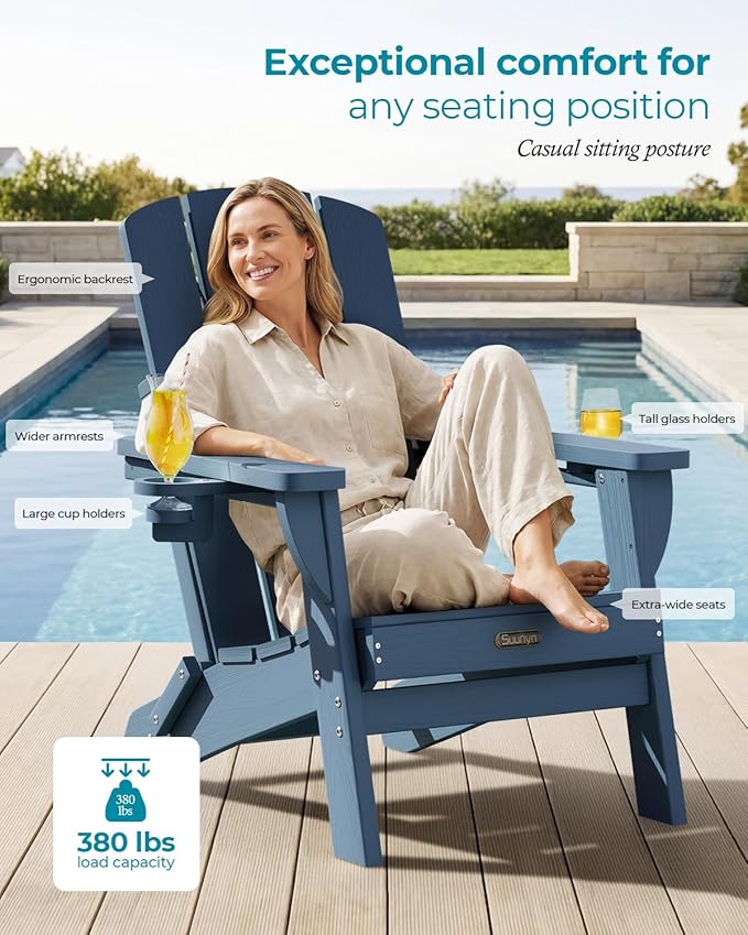 Folding Adirondack Chair 6 Pack, HDPE All-Weather Fire Pit Chairs, Plastic Adirondack Chairs with 2 Cup Holder, Outdoor Lawn Chair for Patio Garden (New Blue)