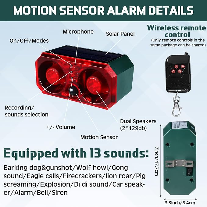 Qualirey 2 Pcs Solar Outdoor Motion Sensor Alarm with Stake Animal Deterrent Dog Barking Sensor 13 Sound 130dB Loud Noise Maker 4 Mode with USB Remote Control Support Recording Volume Adjustment