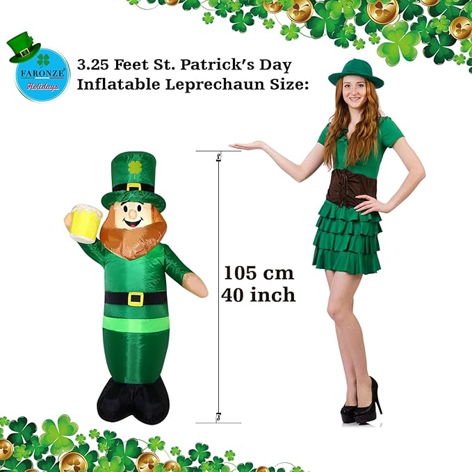 3.25FT St. Patrick's Day Inflatable Leprechaun, Blow up Leprechaun Holds Beer Cup Outdoor Decoration with LED Lights, Perfect for Yard Garden Lawn Front Door Holiday Decor (3.25FT Leprechaun)