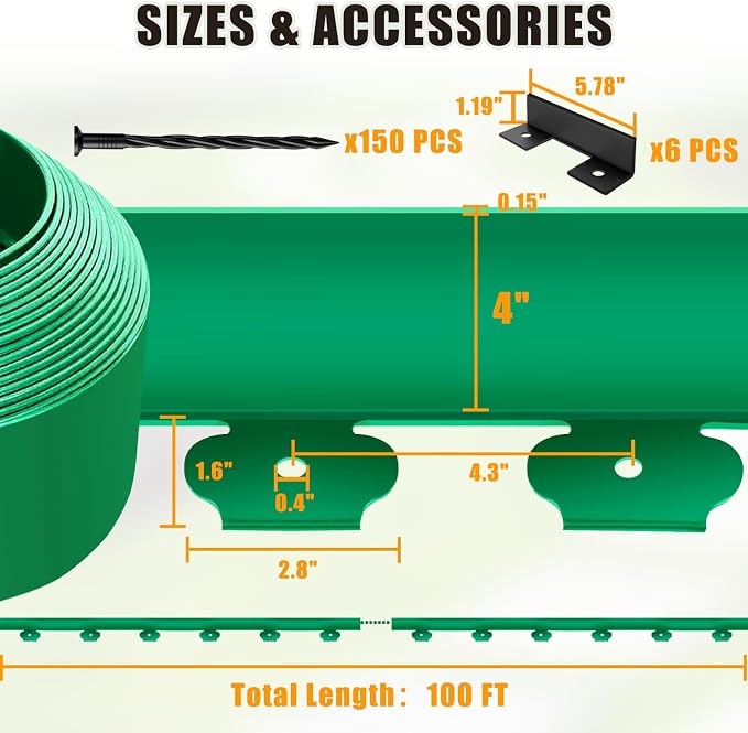 Landscape Edging Border - 4” x 100’ Tall Edging for Landscaping with 60 Stakes, 0.15" Thick No Dig Lawn Edging for Garden Border, Flexible Flower Bed Edging Borders for Yard, Terrace Board