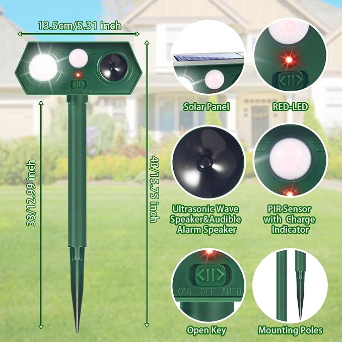 2026 Upgraded Solar Ultrasonic Animal Repeller Deer Repellent Devices with Motion Sensor & LED Flashinglight Cat Deterrent Outdoor to Keep Away Squirrel Rabbit Raccoon Dog for Garden, Yard 4 Pack