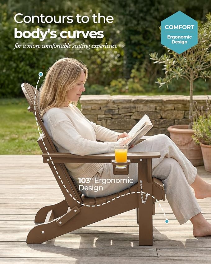 Ciokea Folding Adirondack Chair Wood Texture, Patio Adirondack Chair Weather Resistant, Plastic Fire Pit Chair with Cup Holder, Lawn Chair for Outdoor Porch Garden Backyard Deck, Brown