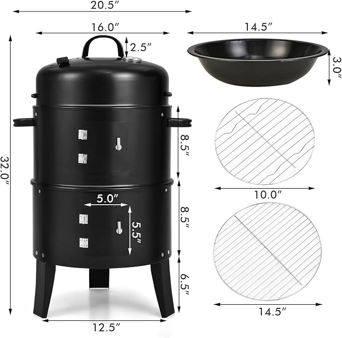 Giantex 3-in-1 Charcoal BBQ Smoker, Outdoor Grill Cooker with Built-in Thermometer and 6 Hooks for Outdoor Backyard Cooking Grilling Camping